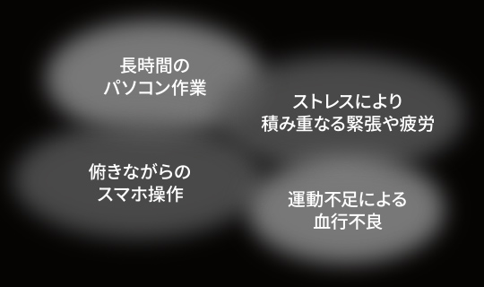 長時間のパソコン作業,ストレスにより積み重なる緊張や疲労,俯きながらのスマホ操作,運動不足による血行不良